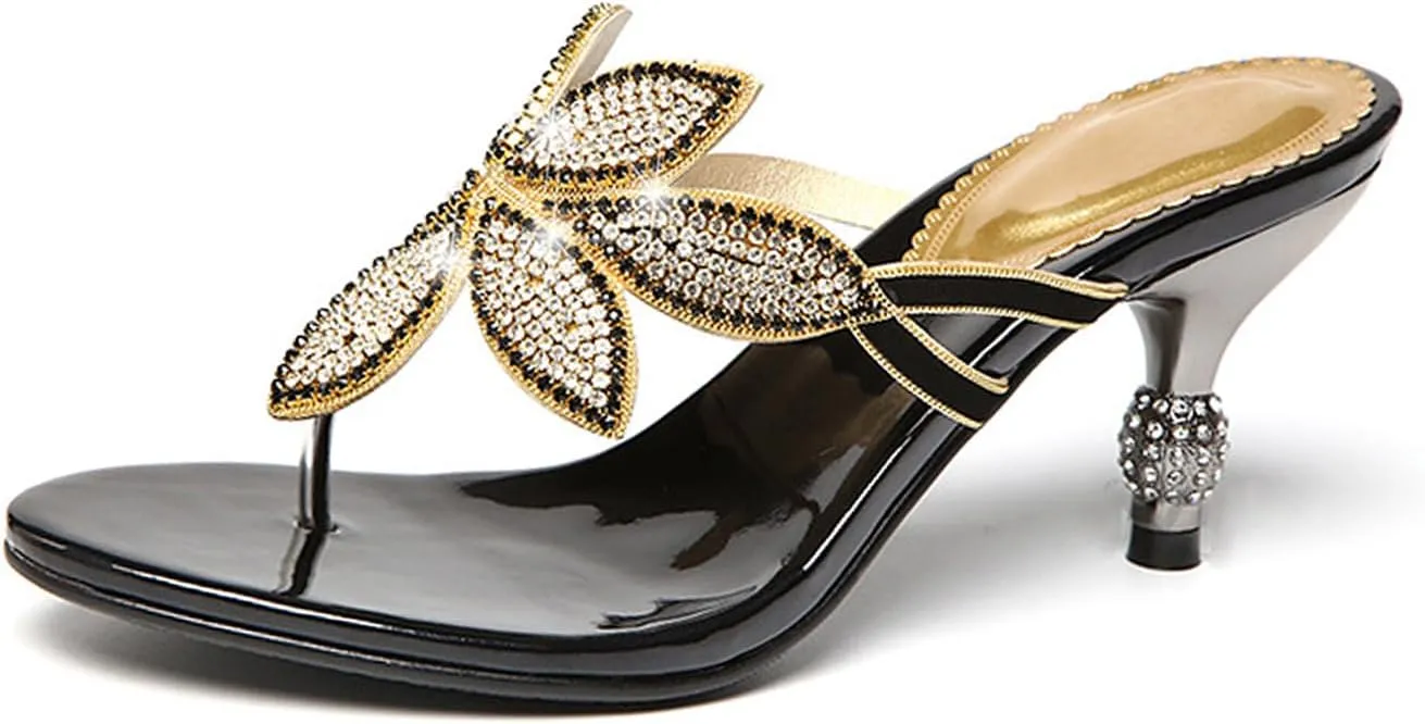 AngryMonkey Women Rhinestones Flip Flops Heeled Sandals,Comfort Bohemian Handmade Peacock Patterned Stiletto Party Slippers Dressy Wedding Shoes