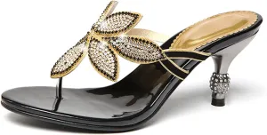 AngryMonkey Women Rhinestones Flip Flops Heeled Sandals,Comfort Bohemian Handmade Peacock Patterned Stiletto Party Slippers Dressy Wedding Shoes