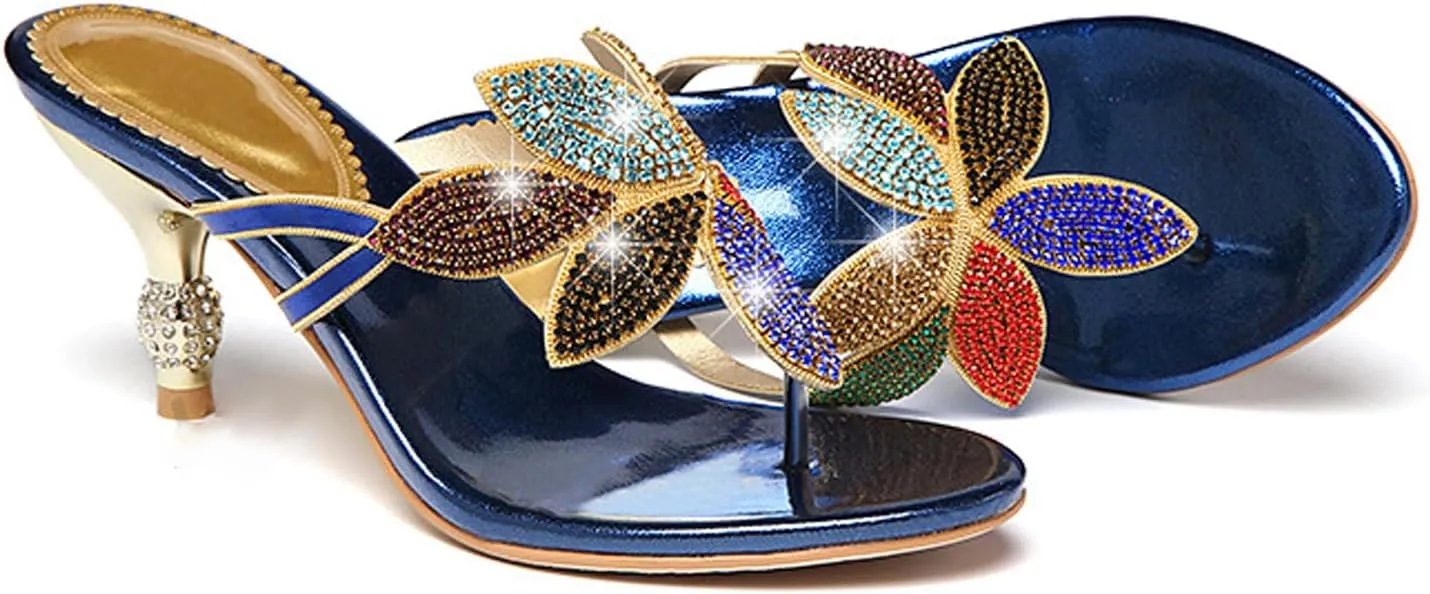 AngryMonkey Women Rhinestones Flip Flops Heeled Sandals,Comfort Bohemian Handmade Peacock Patterned Stiletto Party Slippers Dressy Wedding Shoes