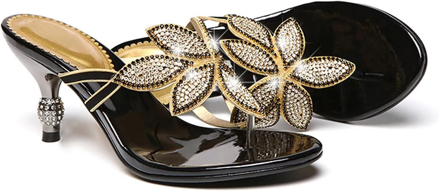 AngryMonkey Women Rhinestones Flip Flops Heeled Sandals,Comfort Bohemian Handmade Peacock Patterned Stiletto Party Slippers Dressy Wedding Shoes