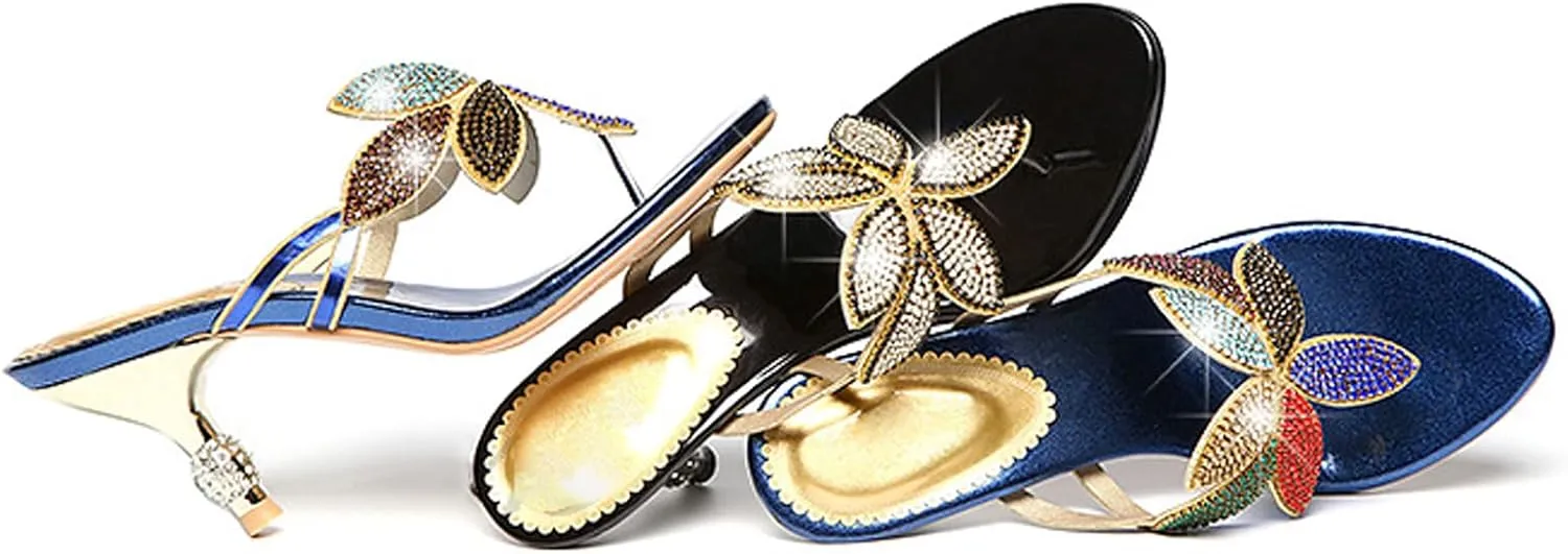 AngryMonkey Women Rhinestones Flip Flops Heeled Sandals,Comfort Bohemian Handmade Peacock Patterned Stiletto Party Slippers Dressy Wedding Shoes