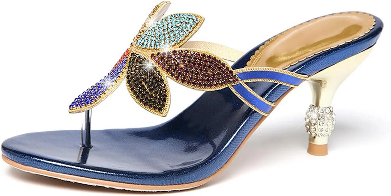 AngryMonkey Women Rhinestones Flip Flops Heeled Sandals,Comfort Bohemian Handmade Peacock Patterned Stiletto Party Slippers Dressy Wedding Shoes