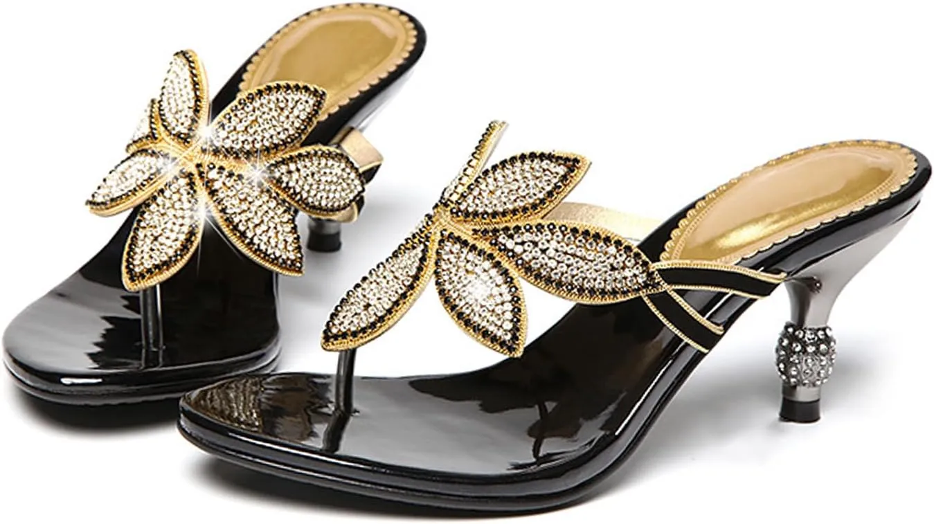 AngryMonkey Women Rhinestones Flip Flops Heeled Sandals,Comfort Bohemian Handmade Peacock Patterned Stiletto Party Slippers Dressy Wedding Shoes
