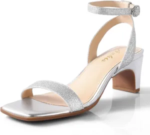 Ankis Square Toe Heels for Women - Nude Silver Black Clear Heels Open Toe Ankle Strap Block Chunky Low Heeled Sandal Comfortable Wedding Dress Heel Sandals Standard Size 2.25 Inches Heel Design