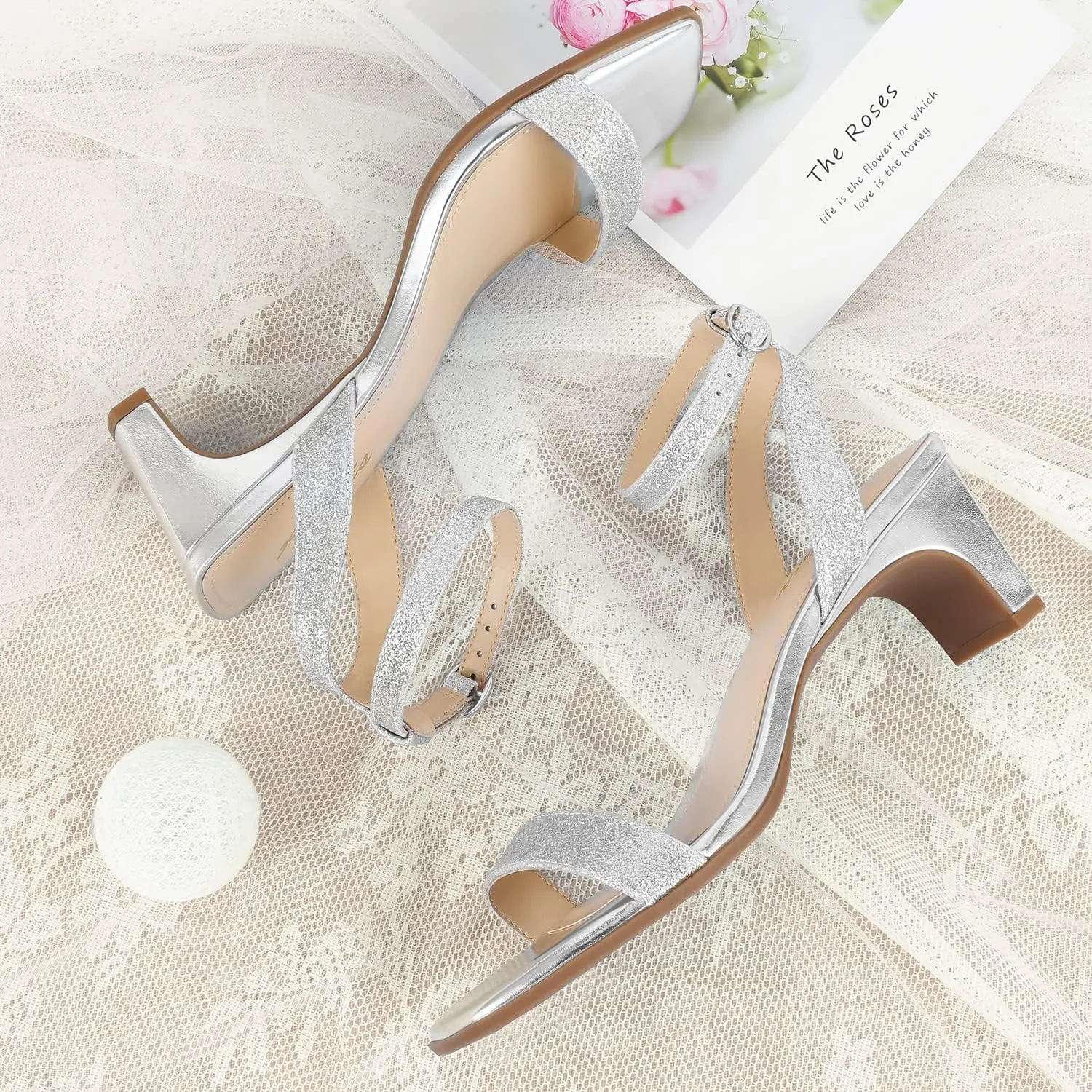 Ankis Square Toe Heels for Women - Nude Silver Black Clear Heels Open Toe Ankle Strap Block Chunky Low Heeled Sandal Comfortable Wedding Dress Heel Sandals Standard Size 2.25 Inches Heel Design