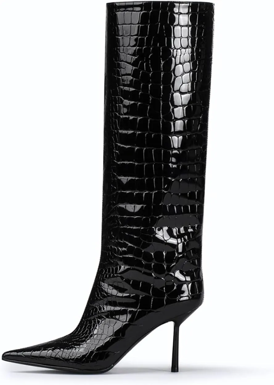 anteikira Women's Stiletto Heel Pointed Toe Knee High Boots Winter Pull-on Crocodile Long Boots High Heel Fashion Tall Boots for Women Size 5.5-12US