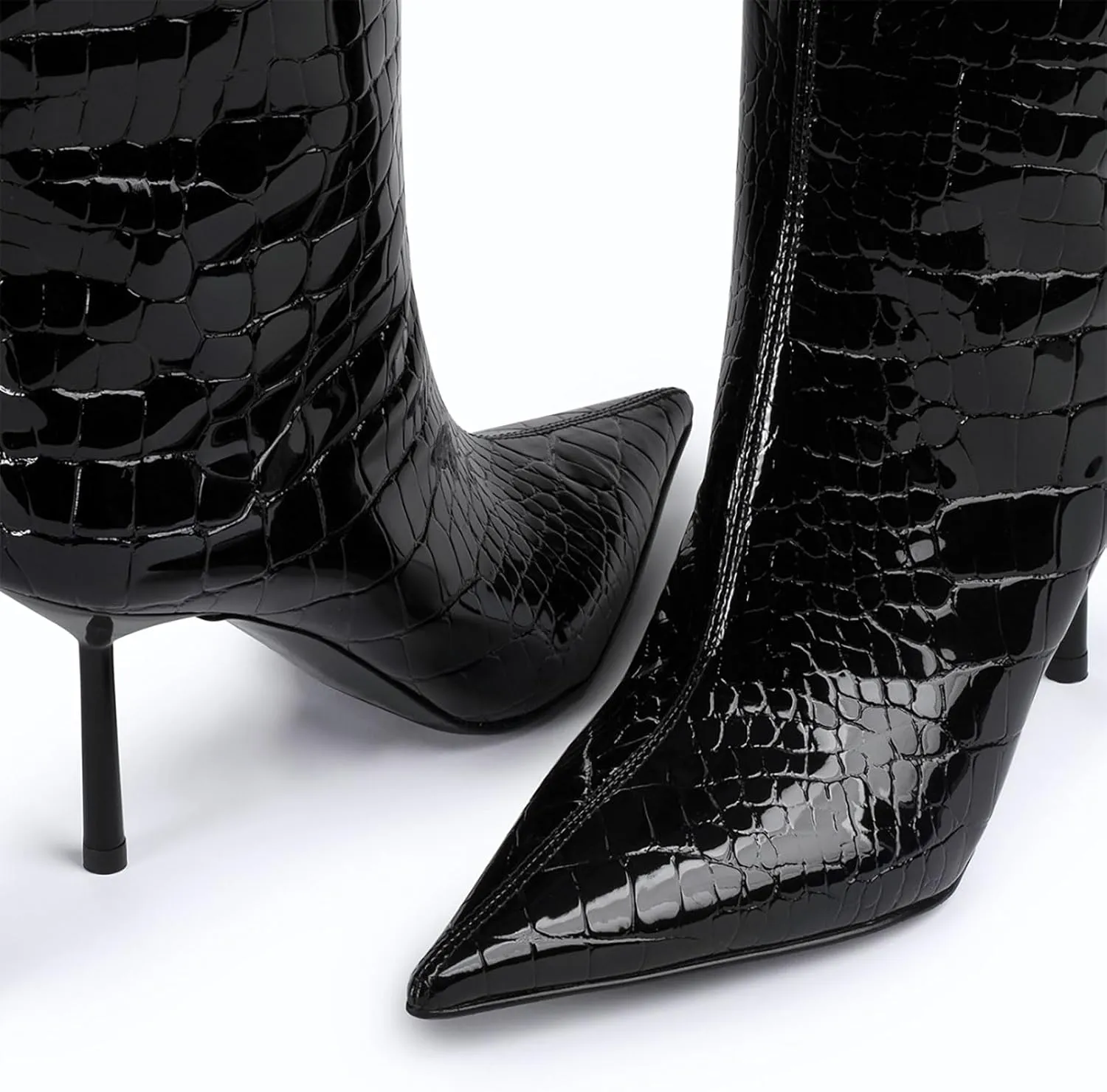 anteikira Women's Stiletto Heel Pointed Toe Knee High Boots Winter Pull-on Crocodile Long Boots High Heel Fashion Tall Boots for Women Size 5.5-12US