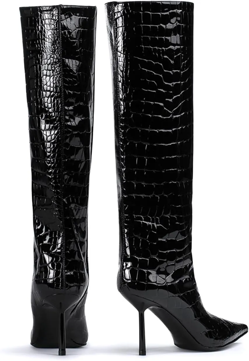 anteikira Women's Stiletto Heel Pointed Toe Knee High Boots Winter Pull-on Crocodile Long Boots High Heel Fashion Tall Boots for Women Size 5.5-12US