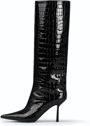 anteikira Women's Stiletto Heel Pointed Toe Knee High Boots Winter Pull-on Crocodile Long Boots High Heel Fashion Tall Boots for Women Size 5.5-12US