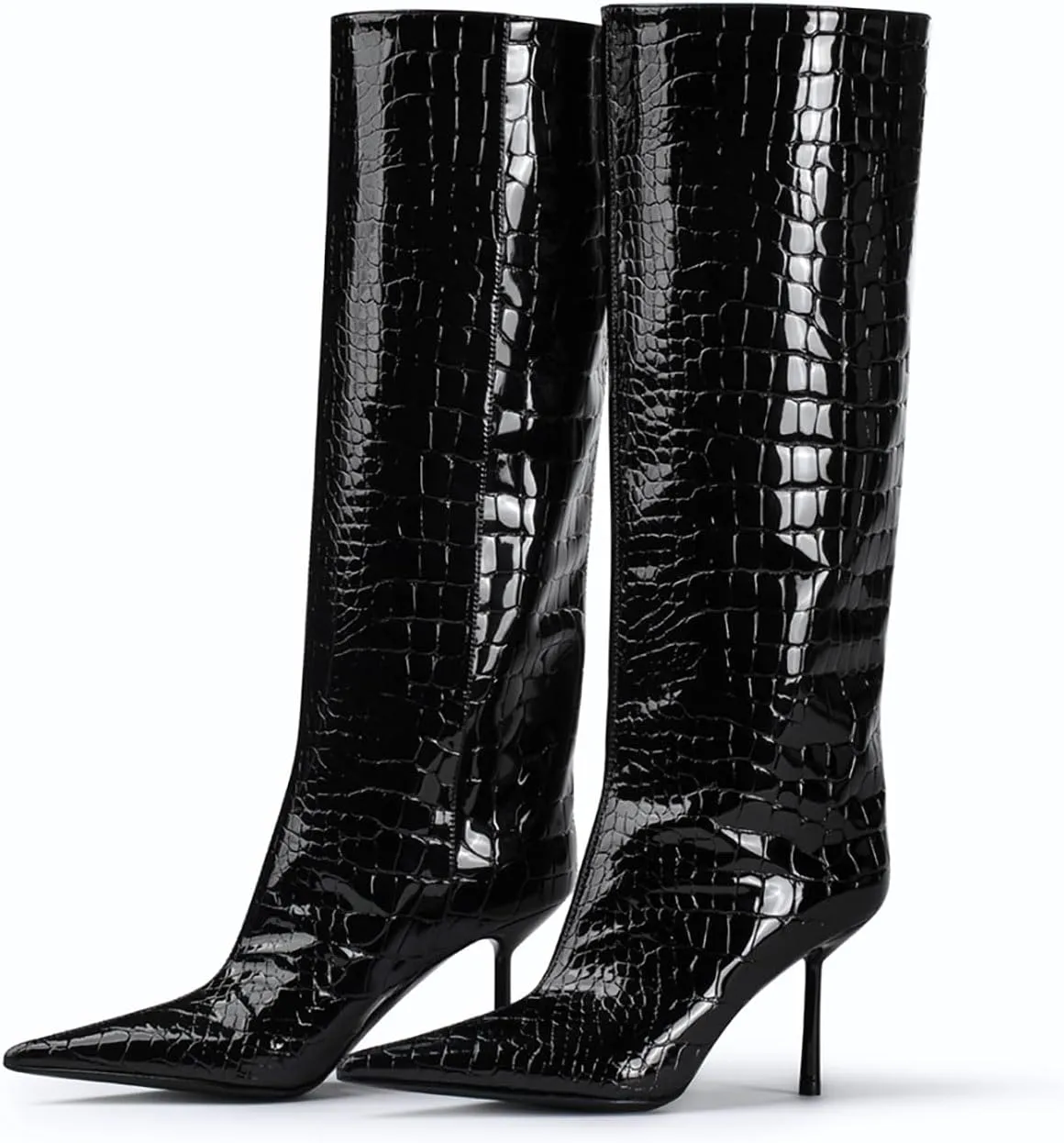 anteikira Women's Stiletto Heel Pointed Toe Knee High Boots Winter Pull-on Crocodile Long Boots High Heel Fashion Tall Boots for Women Size 5.5-12US