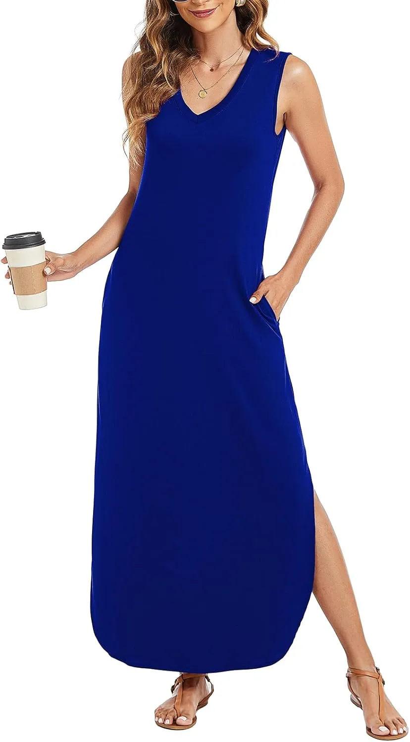 Arolina Maxi Dress for Women Tropical Summer V Neck Sleeveless Split Long Beach Dresses Casual Loose Sundress with Pockets