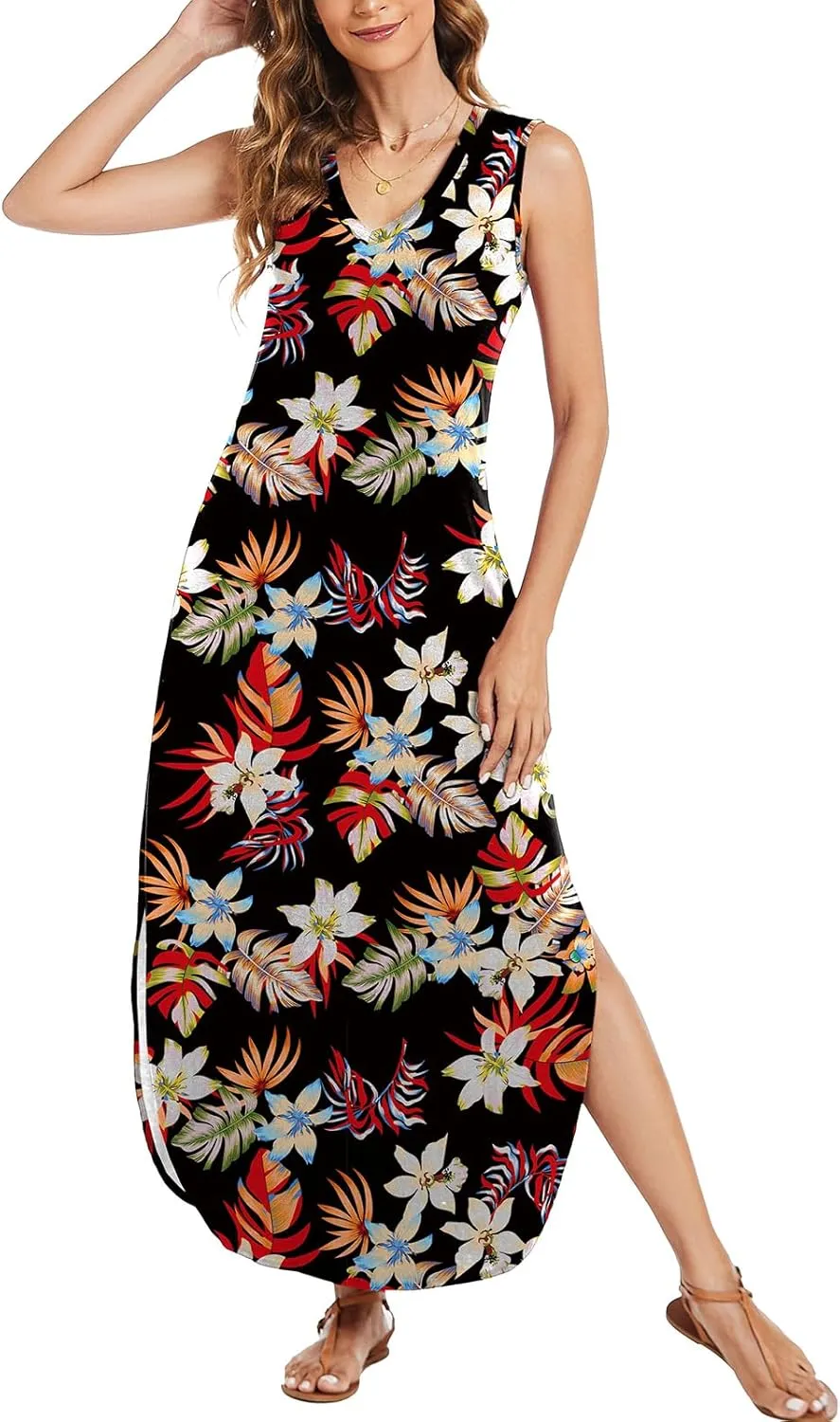 Arolina Maxi Dress for Women Tropical Summer V Neck Sleeveless Split Long Beach Dresses Casual Loose Sundress with Pockets