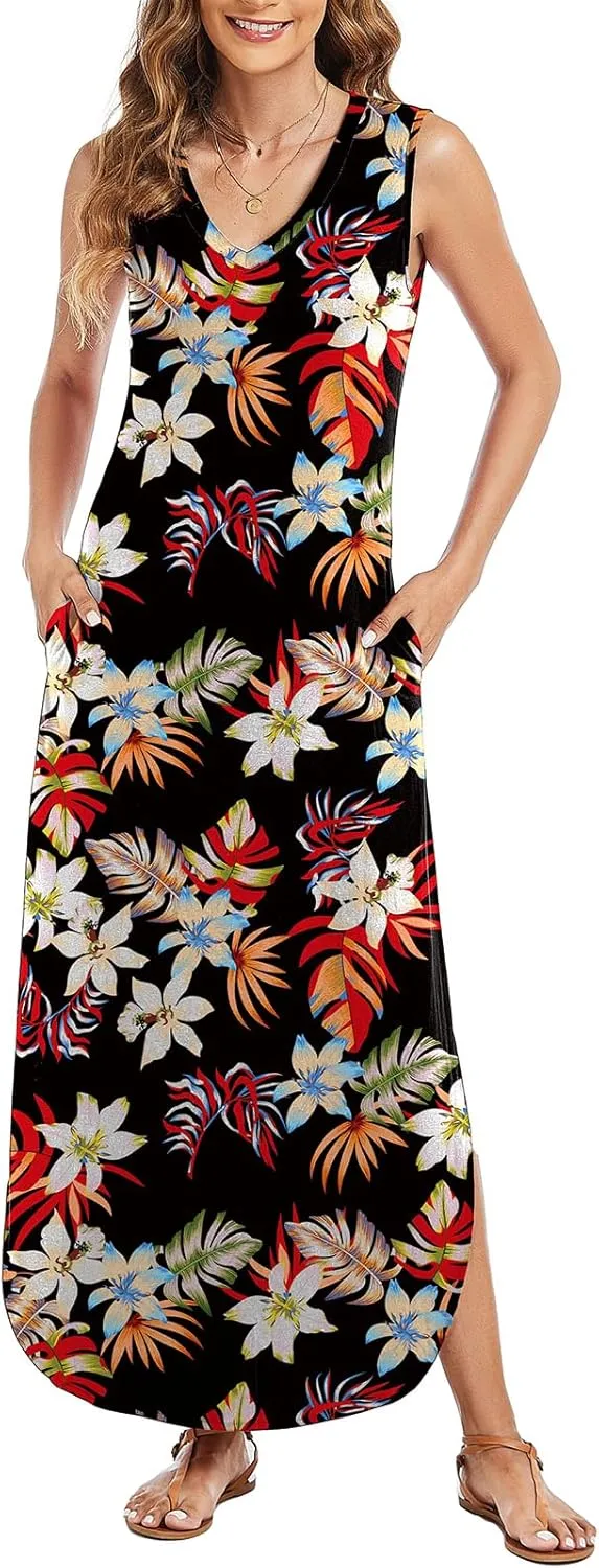 Arolina Maxi Dress for Women Tropical Summer V Neck Sleeveless Split Long Beach Dresses Casual Loose Sundress with Pockets
