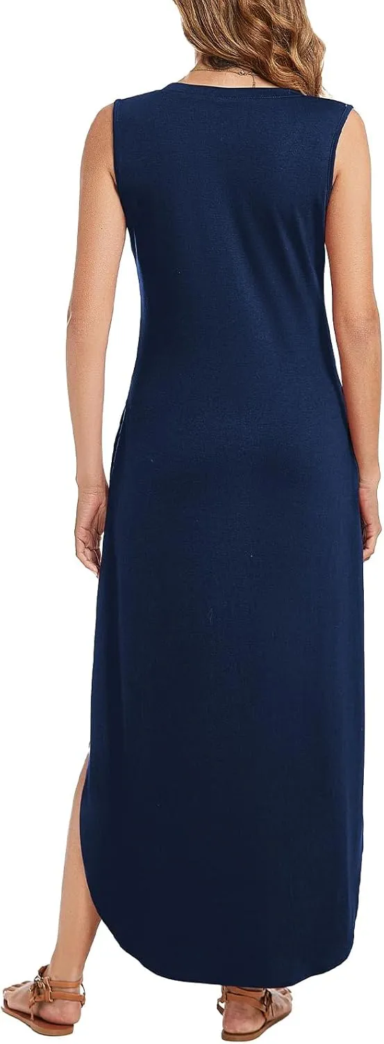 Arolina Maxi Dress for Women Tropical Summer V Neck Sleeveless Split Long Beach Dresses Casual Loose Sundress with Pockets