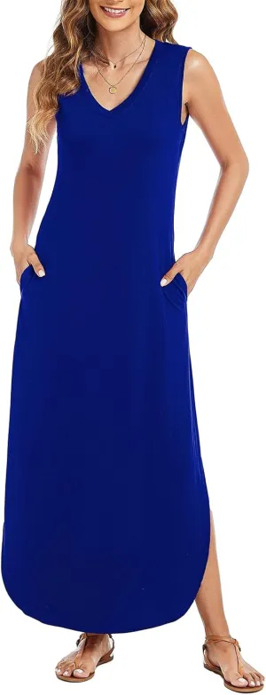 Arolina Maxi Dress for Women Tropical Summer V Neck Sleeveless Split Long Beach Dresses Casual Loose Sundress with Pockets