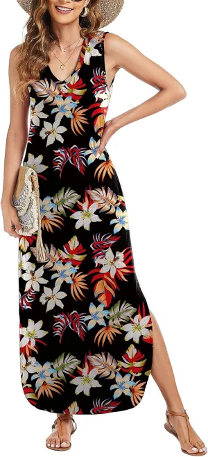 Arolina Maxi Dress for Women Tropical Summer V Neck Sleeveless Split Long Beach Dresses Casual Loose Sundress with Pockets