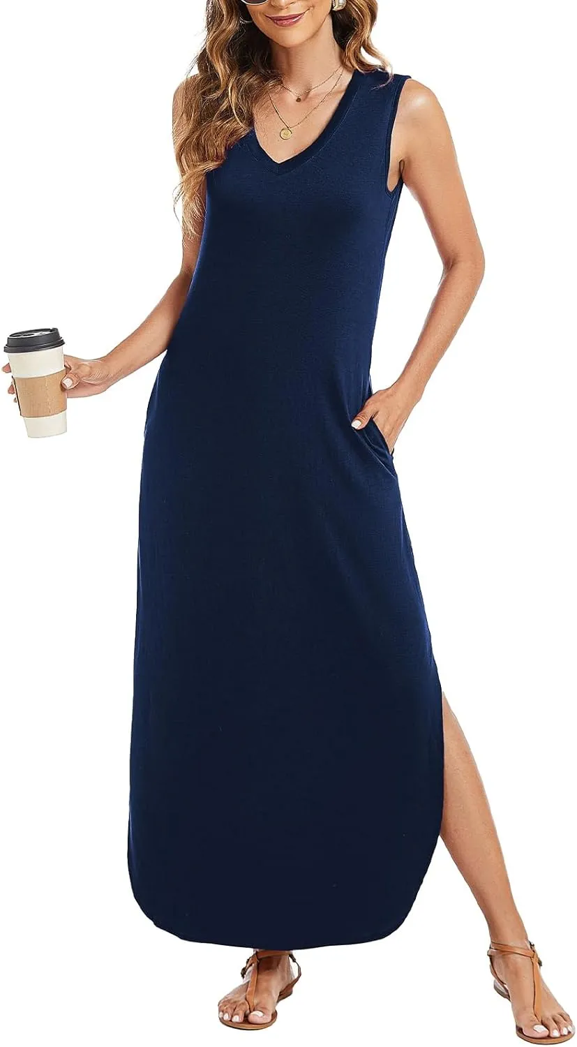 Arolina Maxi Dress for Women Tropical Summer V Neck Sleeveless Split Long Beach Dresses Casual Loose Sundress with Pockets
