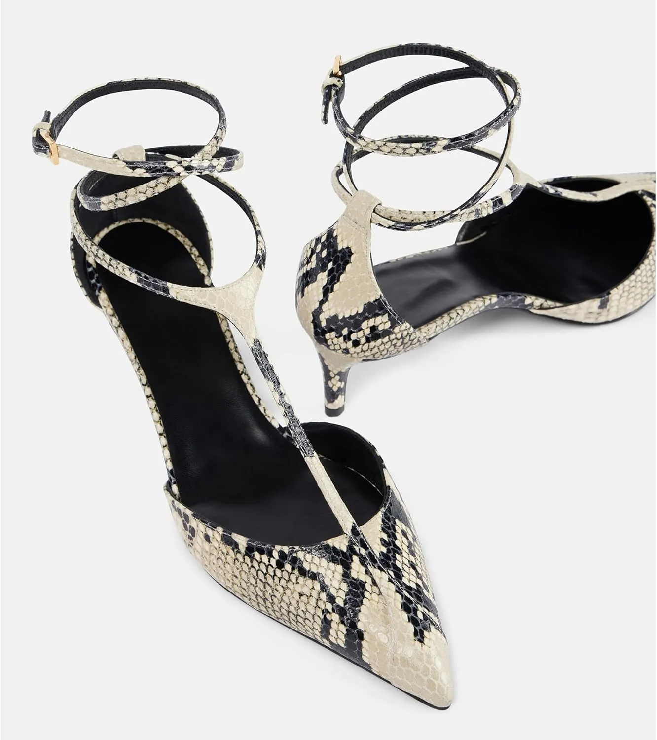 Arqa Women's T-strap Pumps Ribbon Bands Loop Ankle with Gold Buckle Pointed Toe Kitten Heel Sandals Elegant Wedding Party Dressy Low Heels