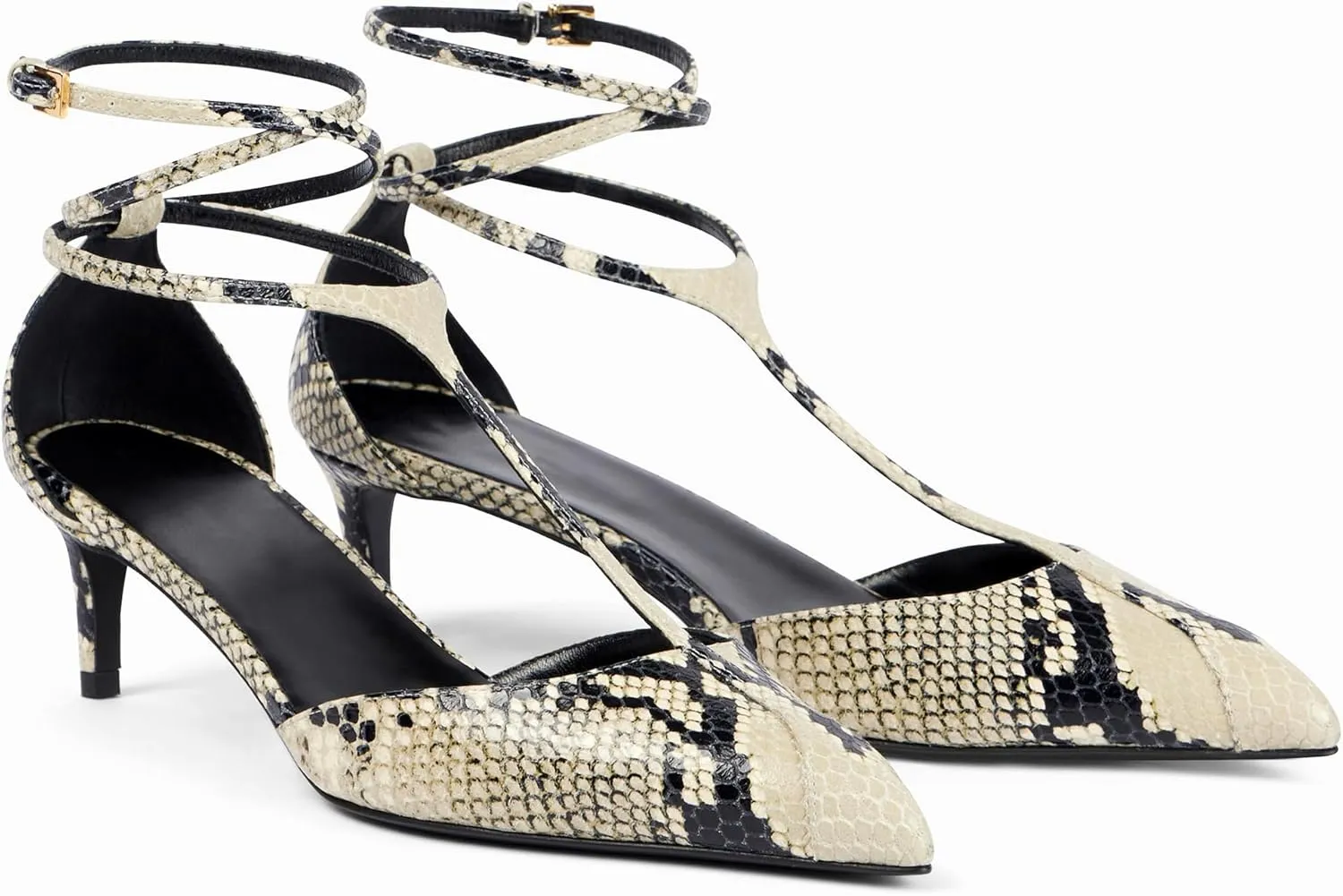 Arqa Women's T-strap Pumps Ribbon Bands Loop Ankle with Gold Buckle Pointed Toe Kitten Heel Sandals Elegant Wedding Party Dressy Low Heels