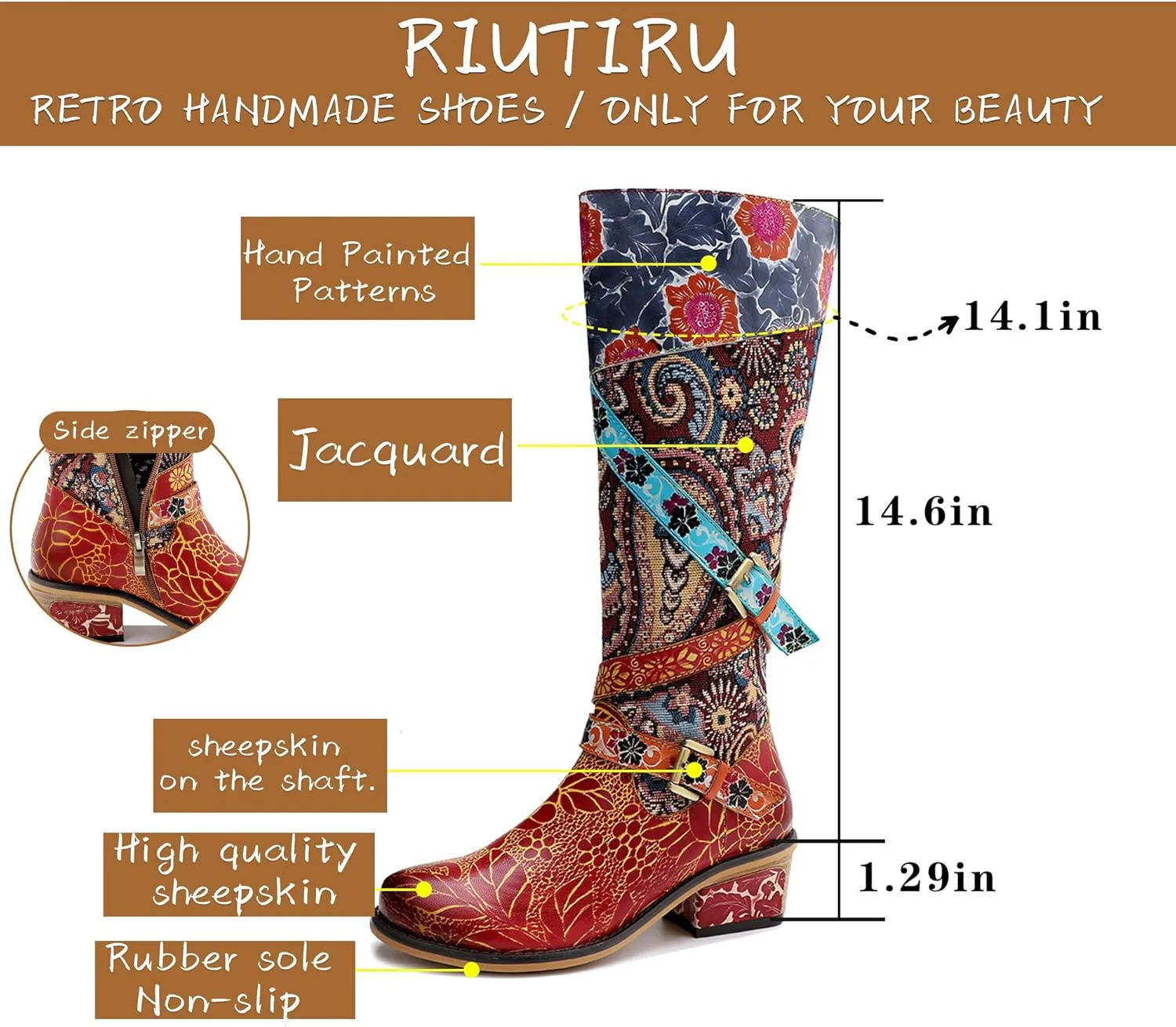Artisan Handmade Women's Cowboy and Knight Boots - High Heels and Flat Bottoms Genuine Sheepskin, Ethnic and Vintage Style for Ladies and Girls