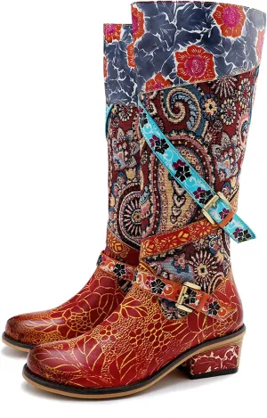 Artisan Handmade Women's Cowboy and Knight Boots - High Heels and Flat Bottoms Genuine Sheepskin, Ethnic and Vintage Style for Ladies and Girls