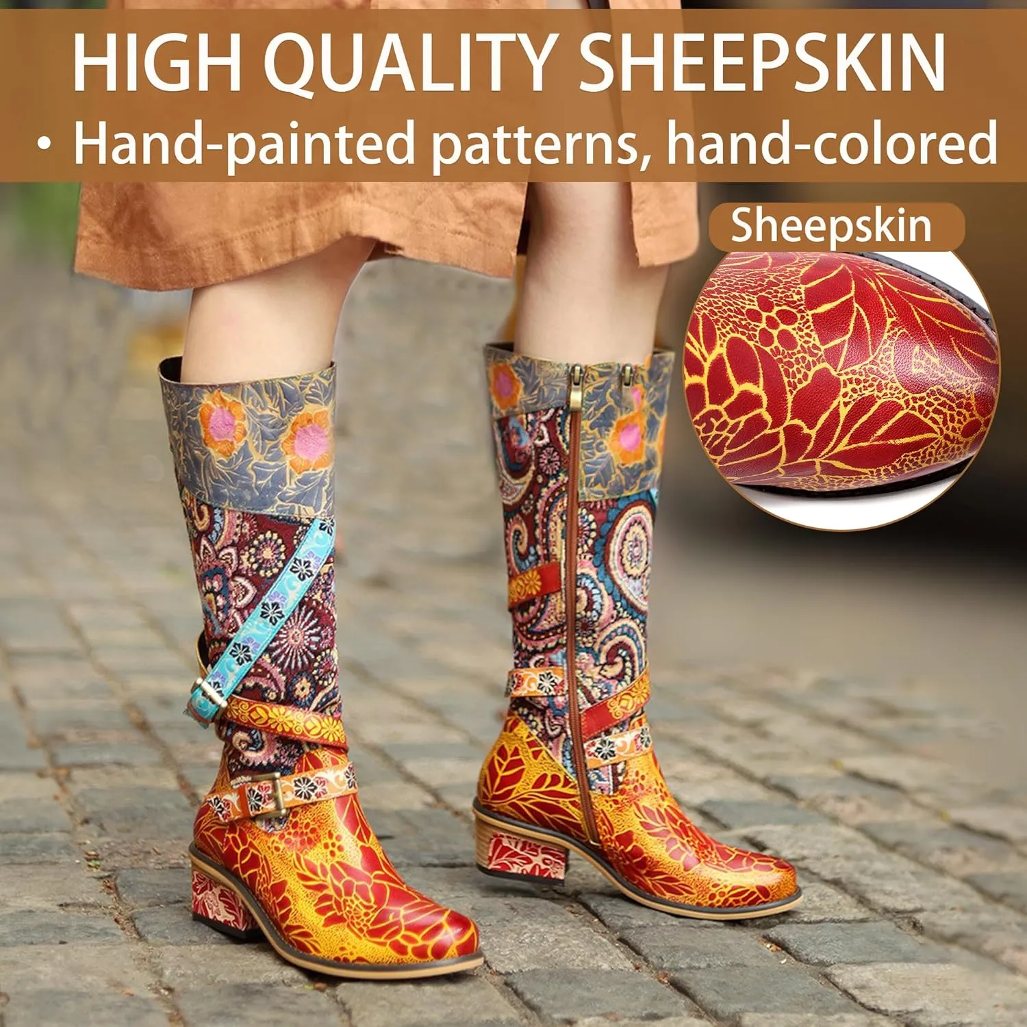 Artisan Handmade Women's Cowboy and Knight Boots - High Heels and Flat Bottoms Genuine Sheepskin, Ethnic and Vintage Style for Ladies and Girls