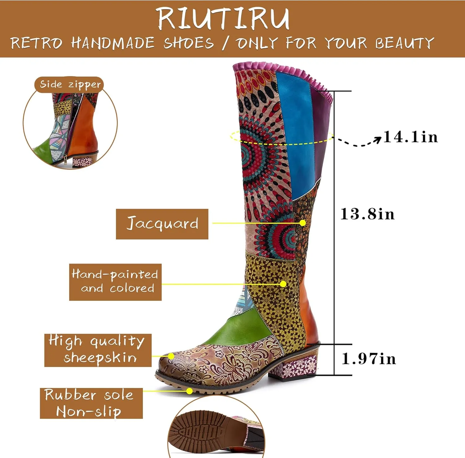 Artisan Handmade Women's Cowboy and Knight Boots - High Heels and Flat Bottoms Genuine Sheepskin, Ethnic and Vintage Style for Ladies and Girls