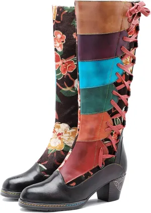 Artisan Handmade Women's Cowboy and Knight Boots - High Heels and Flat Bottoms Genuine Sheepskin, Ethnic and Vintage Style for Ladies and Girls