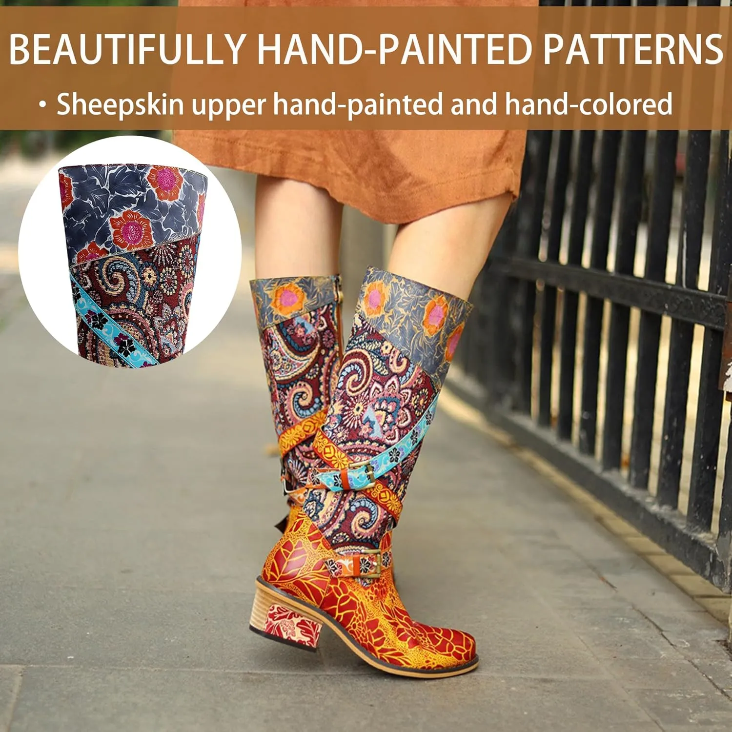 Artisan Handmade Women's Cowboy and Knight Boots - High Heels and Flat Bottoms Genuine Sheepskin, Ethnic and Vintage Style for Ladies and Girls