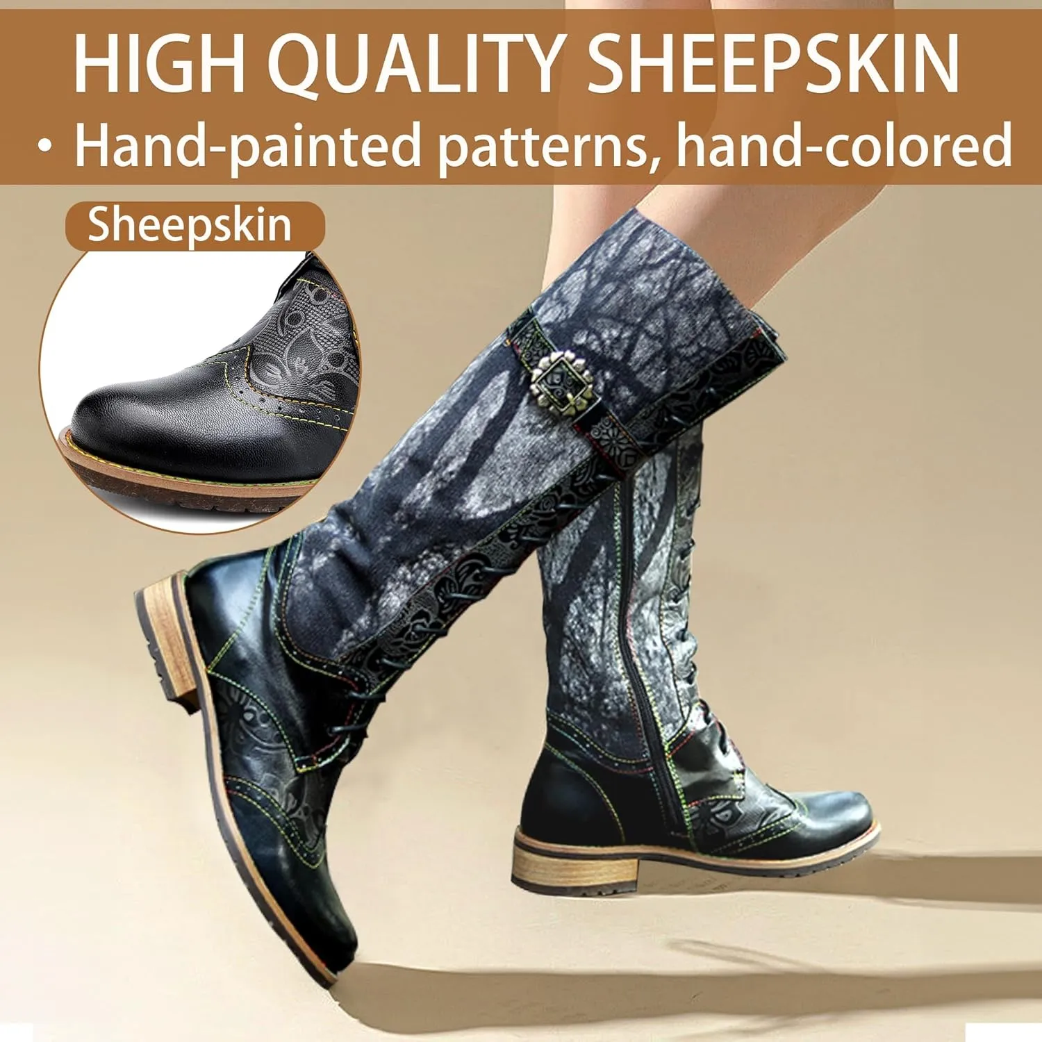 Artisan Handmade Women's Cowboy and Knight Boots - High Heels and Flat Bottoms Genuine Sheepskin, Ethnic and Vintage Style for Ladies and Girls