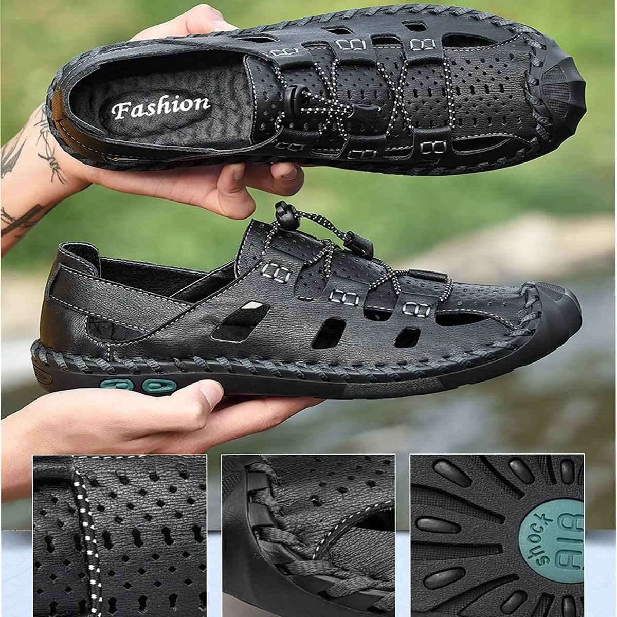 Asifn Men's Closed Toe Hiking Sandals Outdoor Adjustable Leather Fisherman Summer Beach Sandal Shoes