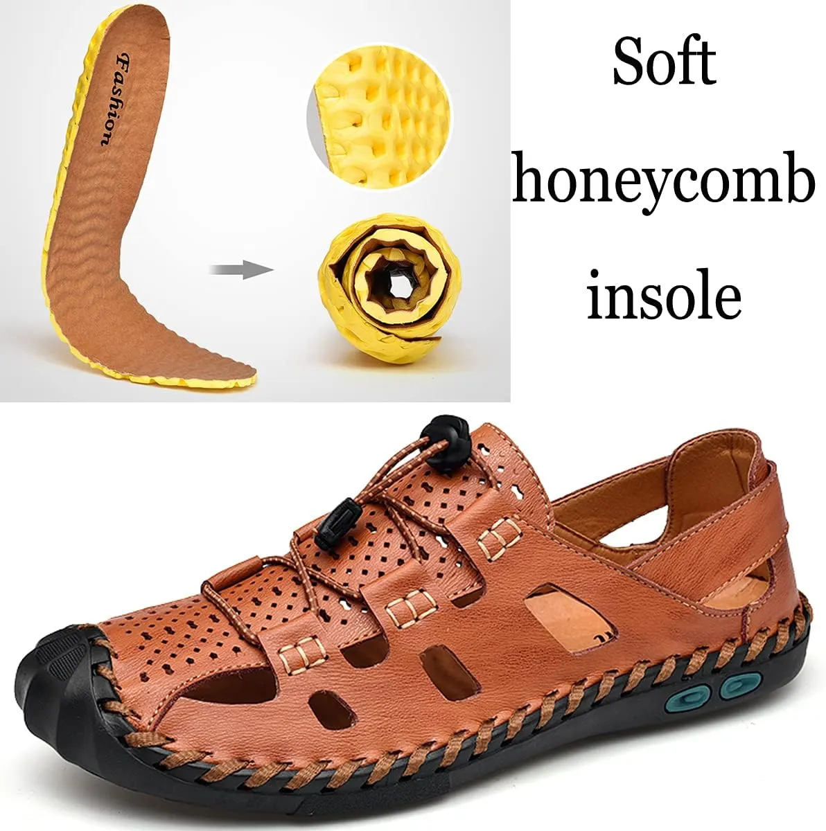 Asifn Men's Closed Toe Hiking Sandals Outdoor Adjustable Leather Fisherman Summer Beach Sandal Shoes