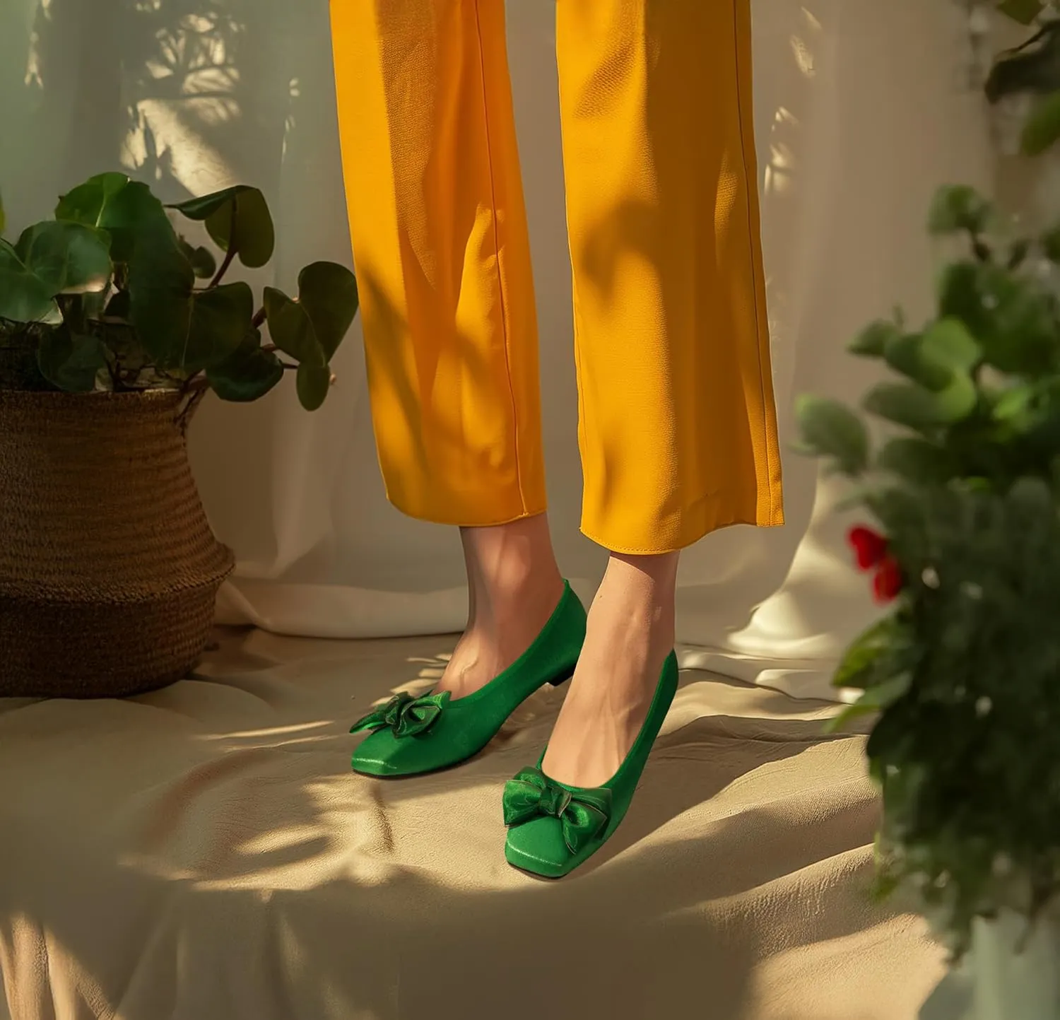 Ballet Flats for Women ; Square Toe Mary Jane Flats ; Satin Material Ballet Shoes ; Bowknot Elegant Dressy Women Shoes