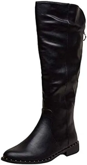 Bamboo Preppy-27S Round Toe Zipper Studded Low Flat Heel Knee High Riding Boots