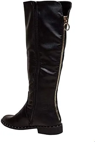 Bamboo Preppy-27S Round Toe Zipper Studded Low Flat Heel Knee High Riding Boots