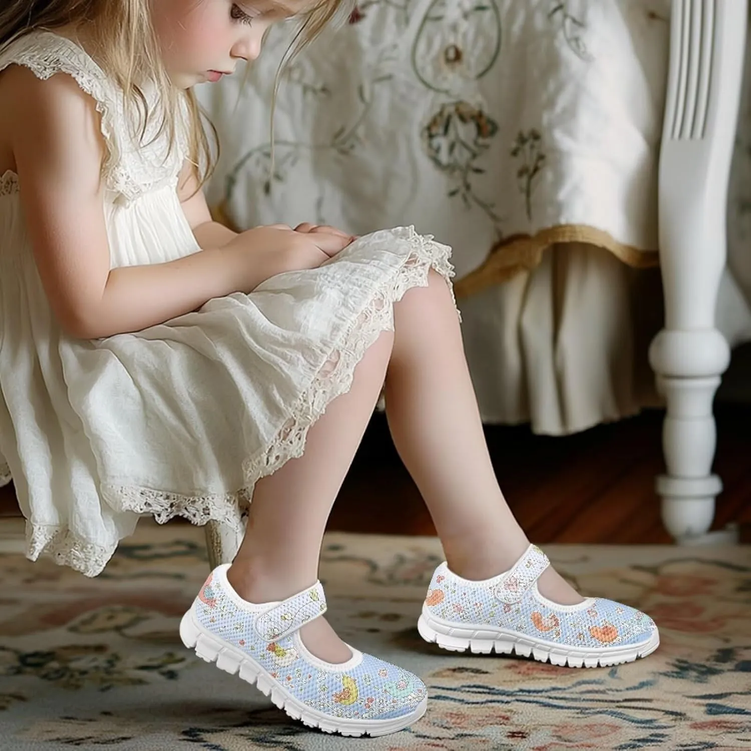 Binienty Kids Mesh Sneakers One Strap Mary Jane Shoes Casual Breathable School Dress Flats