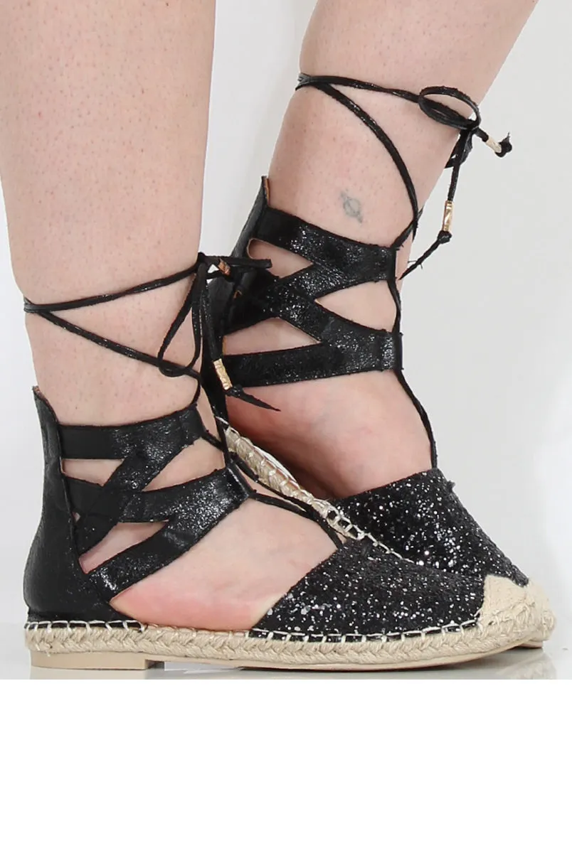 Black - Lace Trending sale Sahara Espadrilles Up Compatible Glitter