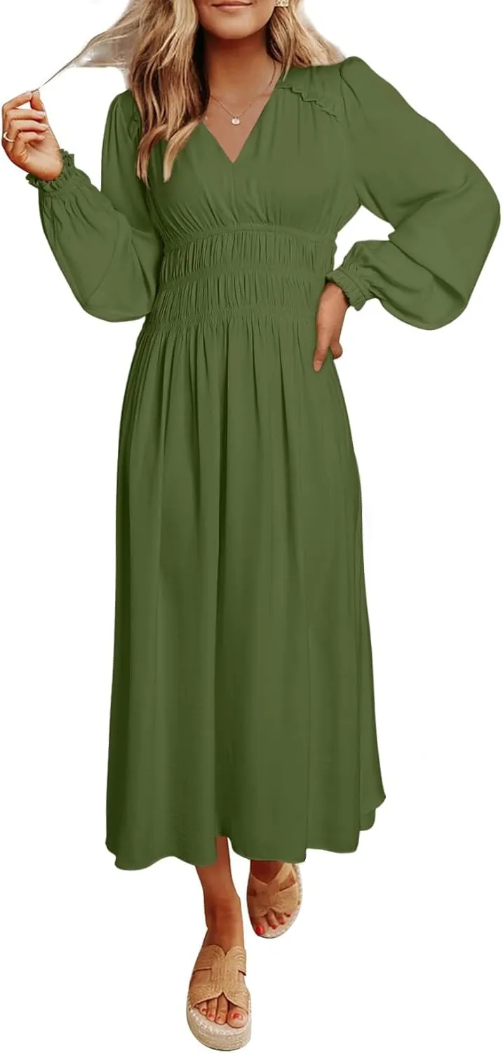 BLENCOT Womens Casual Boho Deep V Neck Short Sleeve Long Dress