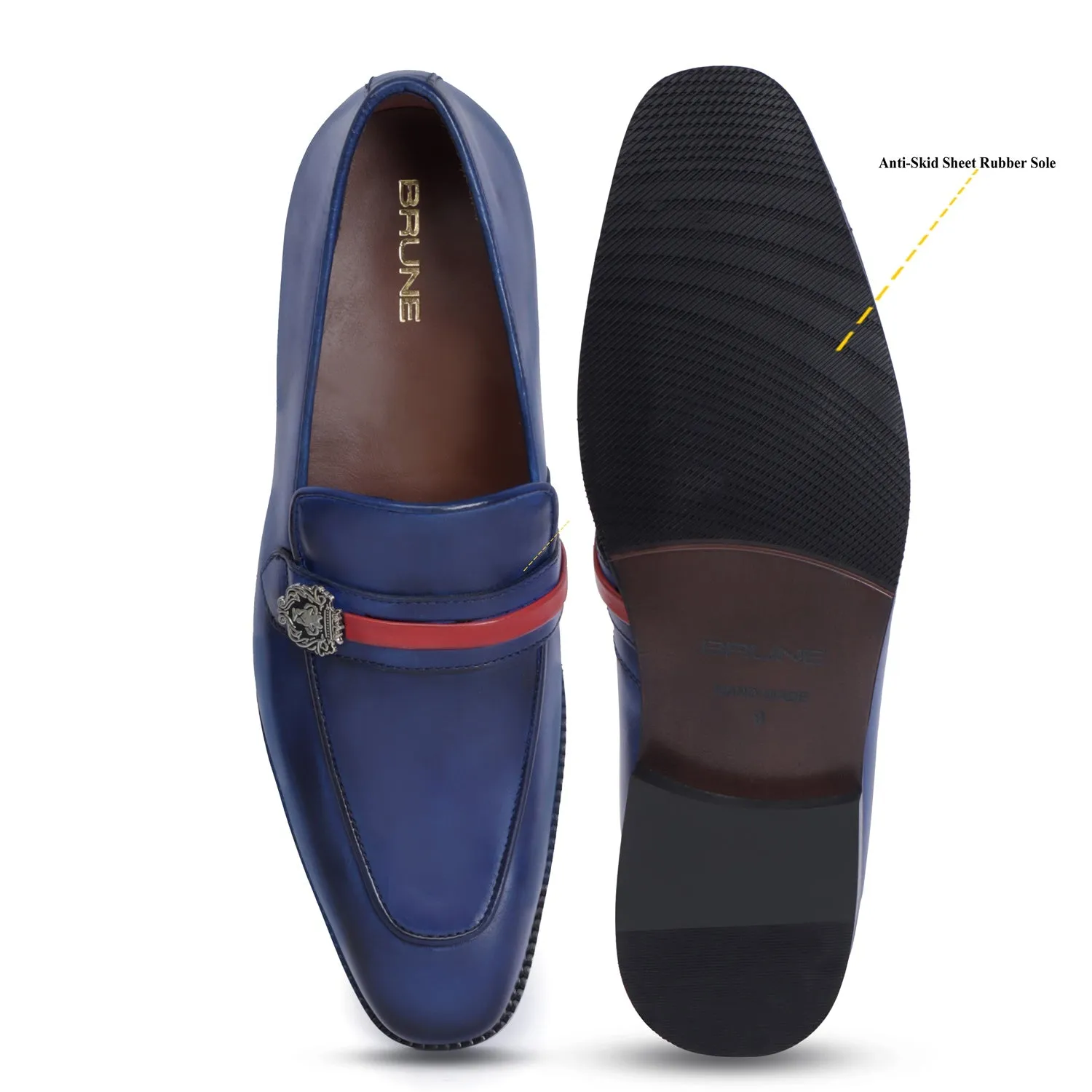 Blue Leather Slip-On with Lion Badge & Contrasting Red/Blue Strap