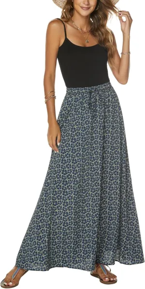 Bluetime Women Flowy Long Skirts Summer Beach Pleated Elastic High Waisted Casual Maxi Skirts