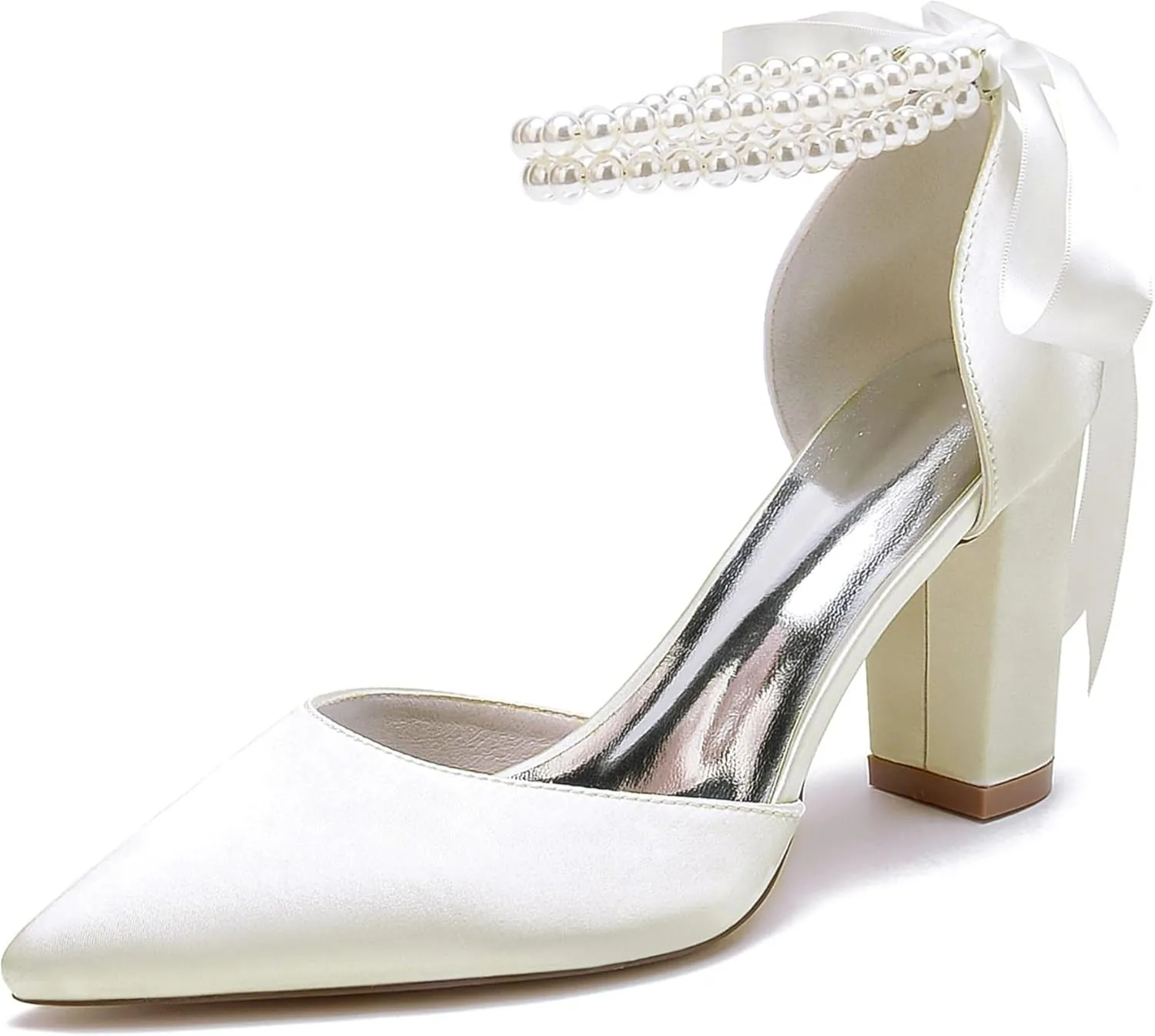 Bridal Shoes Block Heel Wedding Shoes Satin Evening Party Pumps Sandals Bride Pointed Toe Pearl Wedding Heels 8.5Cm