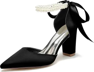 Bridal Shoes Block Heel Wedding Shoes Satin Evening Party Pumps Sandals Bride Pointed Toe Pearl Wedding Heels 8.5Cm