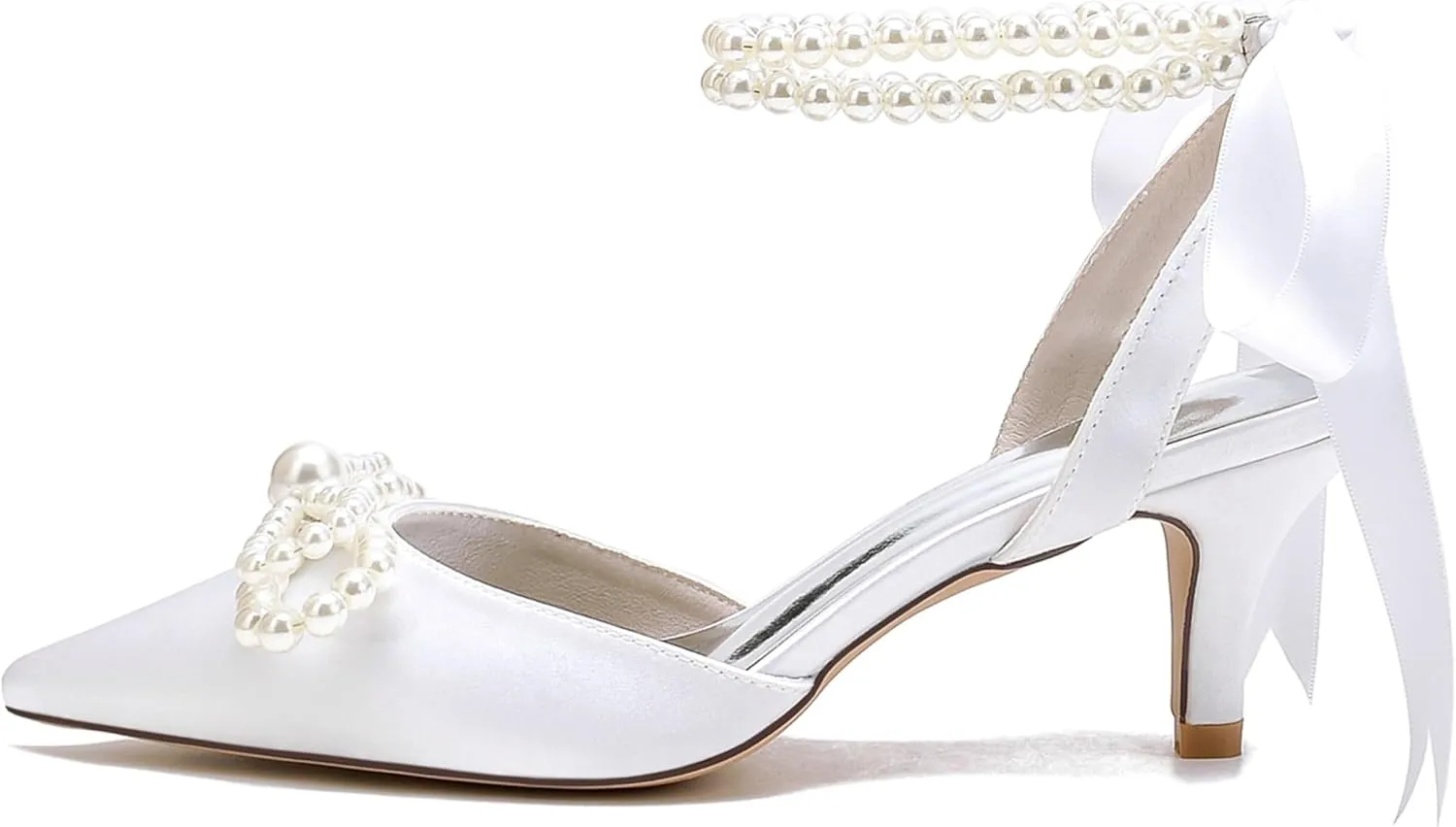 Bride Satin Pearl High Heel Wedding Shoes Womens Bride Pointed Toe Ribbon Tie Prom Evening Heels Formal Party Heeled Sandals Women 6Cm