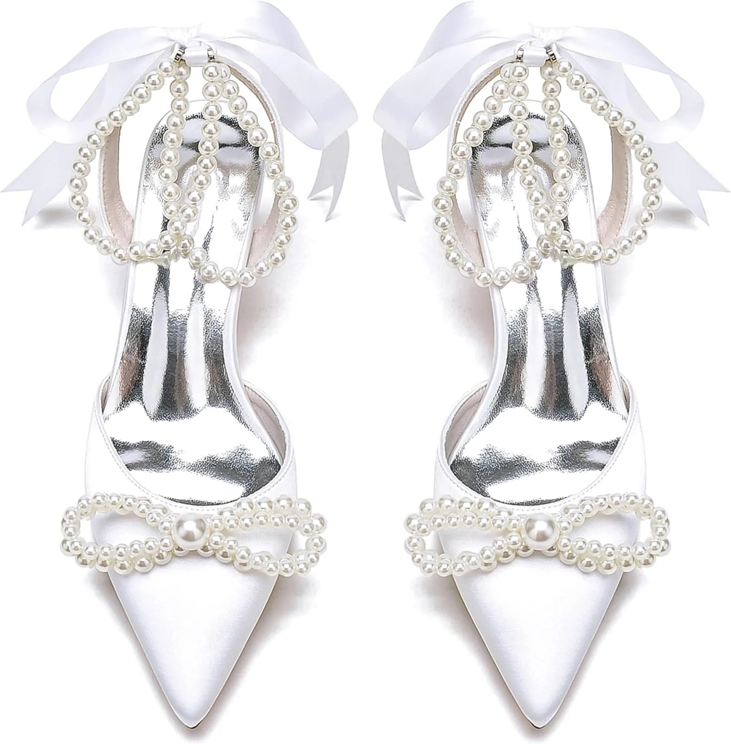 Bride Satin Pearl High Heel Wedding Shoes Womens Bride Pointed Toe Ribbon Tie Prom Evening Heels Formal Party Heeled Sandals Women 6Cm