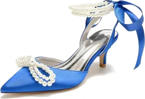 Bride Satin Pearl High Heel Wedding Shoes Womens Bride Pointed Toe Ribbon Tie Prom Evening Heels Formal Party Heeled Sandals Women 6Cm