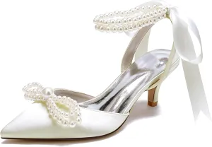 Bride Satin Pearl High Heel Wedding Shoes Womens Bride Pointed Toe Ribbon Tie Prom Evening Heels Formal Party Heeled Sandals Women 6Cm