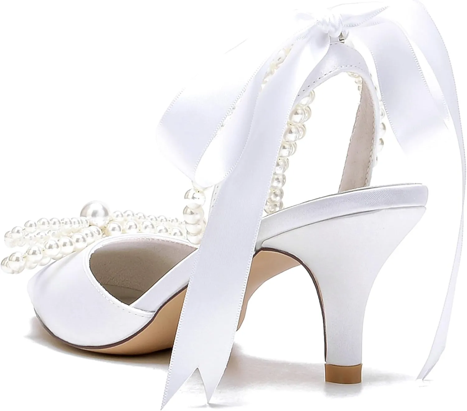 Bride Satin Pearl High Heel Wedding Shoes Womens Bride Pointed Toe Ribbon Tie Prom Evening Heels Formal Party Heeled Sandals Women 6Cm