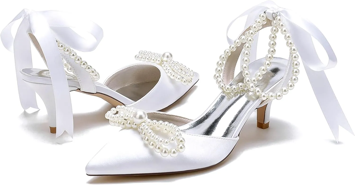 Bride Satin Pearl High Heel Wedding Shoes Womens Bride Pointed Toe Ribbon Tie Prom Evening Heels Formal Party Heeled Sandals Women 6Cm