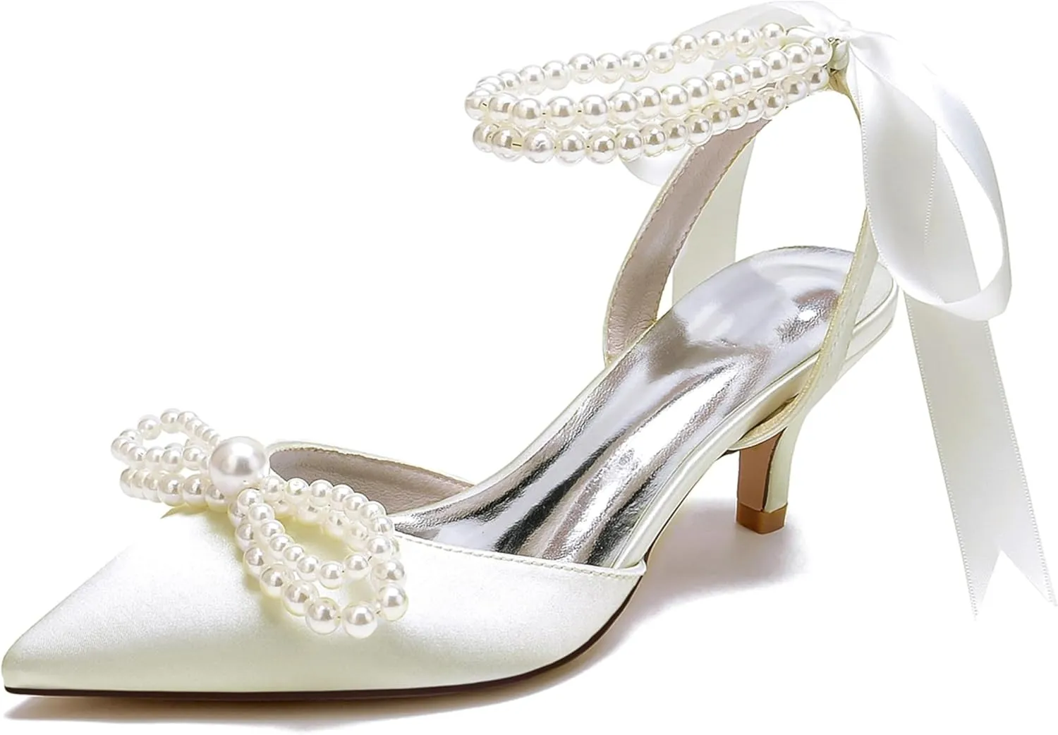 Bride Satin Pearl High Heel Wedding Shoes Womens Bride Pointed Toe Ribbon Tie Prom Evening Heels Formal Party Heeled Sandals Women 6Cm