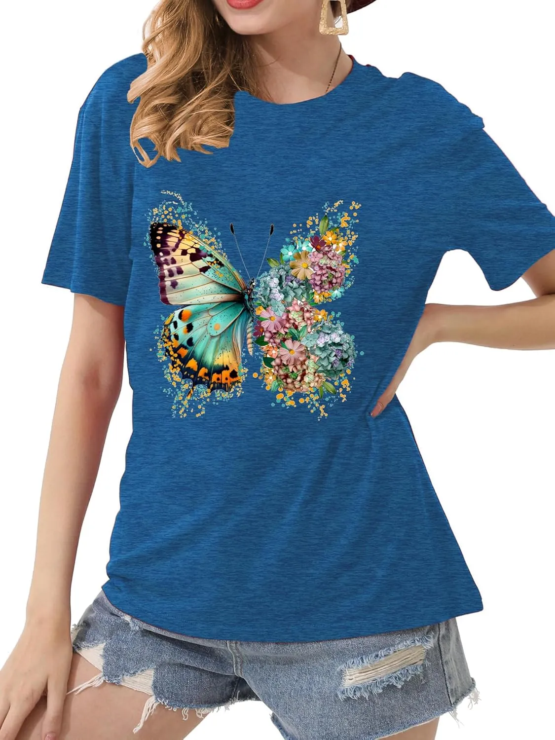 Butterfly Shirts for Women Vintage Floral Tee Shirt Butterfly Graphic Tops Womens Vacation T-Shirt Nature Lover Tee